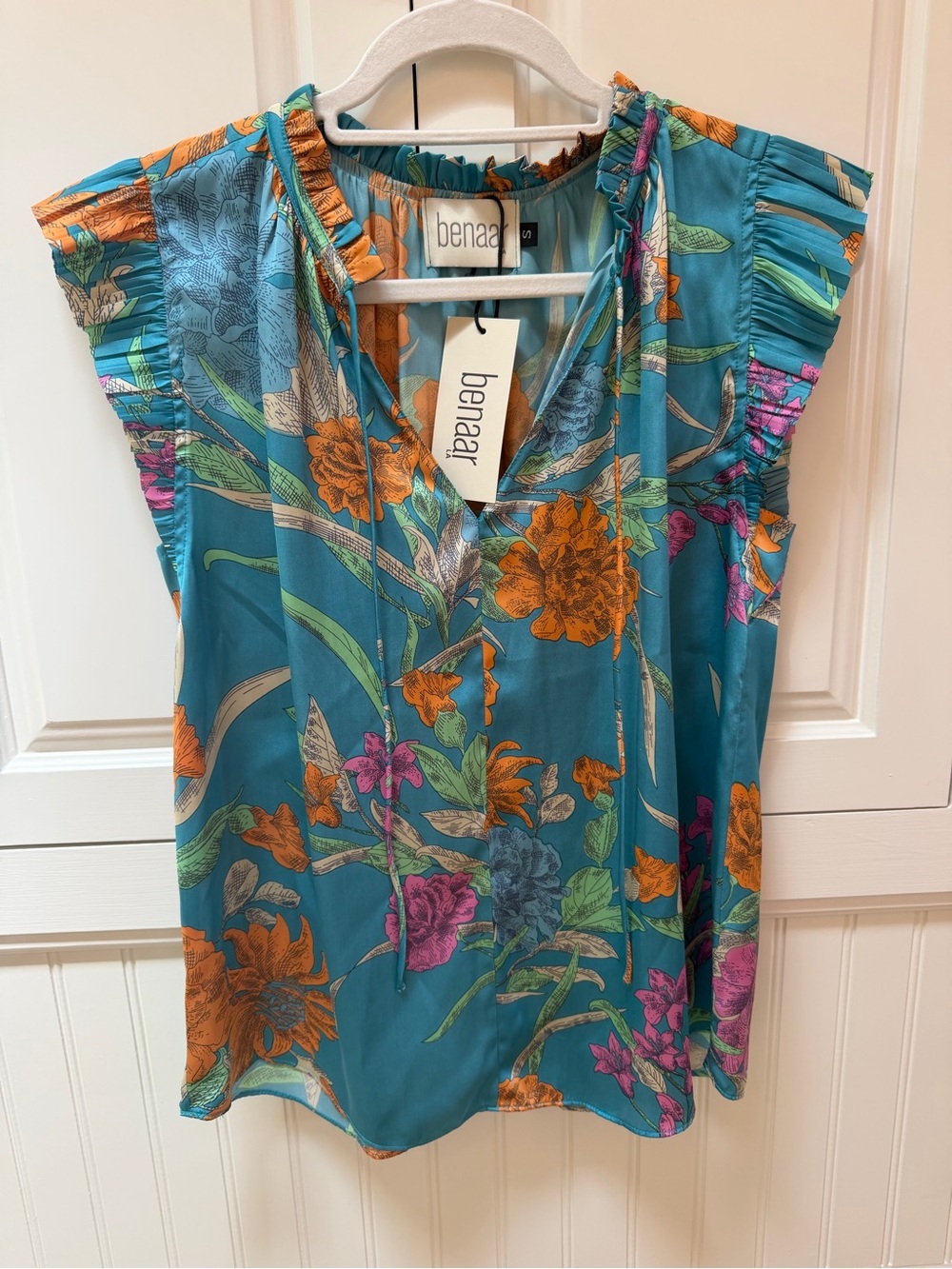 Hawaiian Teal Floral Silk Ruffle-Sleeve V-Neck Blouse
